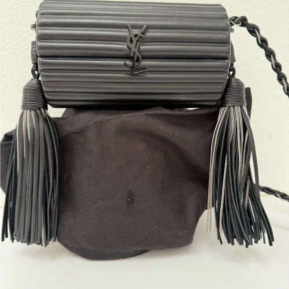 RARE SAINT LAURENT YSL Black Plexiglass Opyum Box Leather Silver Fringe Handbag - Picture 3 of 12